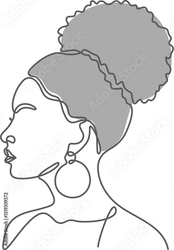 Woman hair bun African style portrait continuous line art drawing. 