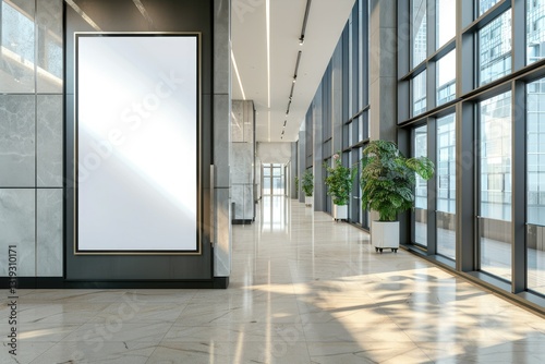 Front View Mockup of Big Blank White Poster on the Floor in Modern Office Building