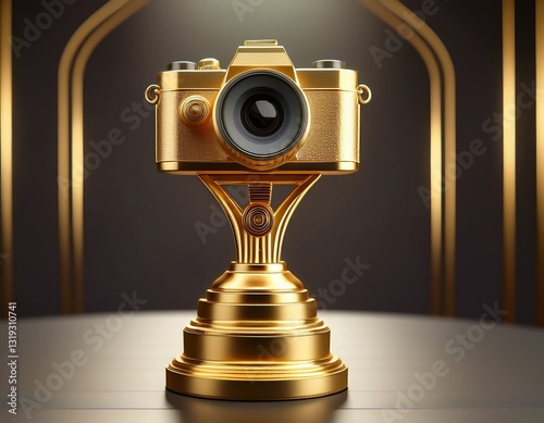 Generated image A 3D-rendered golden camera trophy on a podium, symbolizing excellence in photography