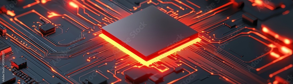 Naklejka premium Illuminated computer chip, red light symbolizing data processing and flow in electronic circuitry