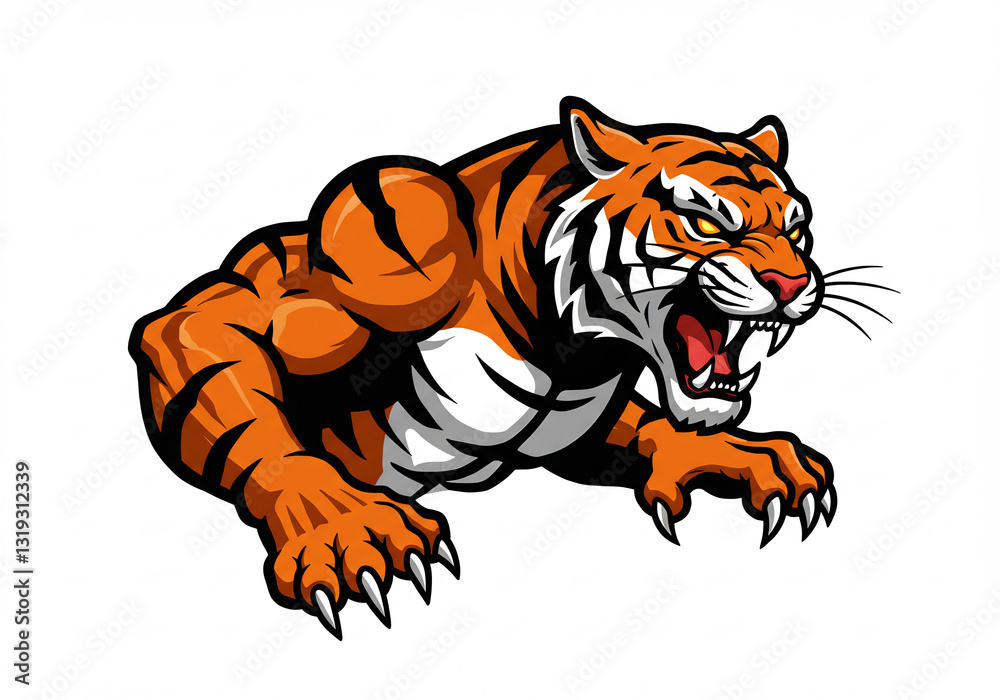 Naklejka premium Powerful Muscular Tiger Roaring Illustration Orange White Stripes