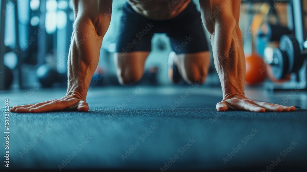 Fototapeta premium Engaging in intense push-up exercises in a gym during workout session