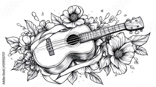 Ukulele floral arrangement, music design, tattoo art