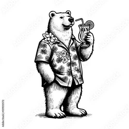 Polar bear wear hawaiian shirt holding cocktail sketch engraving black and white outline. Scratch board imitation.  illustrated in vintage line art style on a white background.
