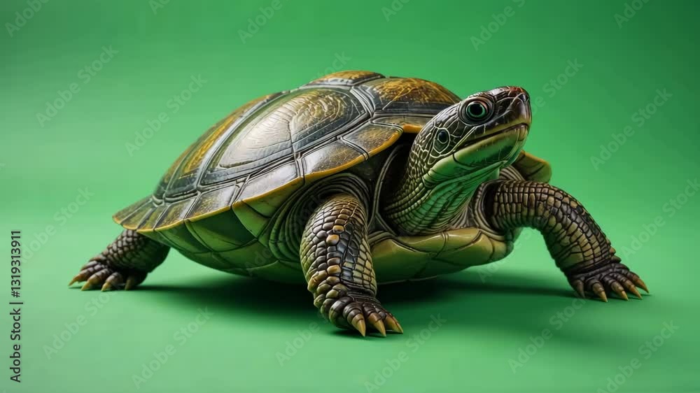 Turtle on a green screen background, showcasing its hard shell, scaly skin, and distinctive head. The vibrant green backdrop highlights the turtle's natural features and textures.  