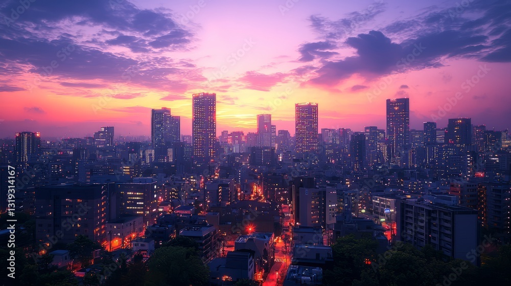 Fototapeta premium Vibrant City Skyline at Dusk Under a Colorful Purple and Orange Sky