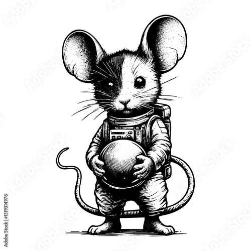 Mouse wear astronaut suit sketch engraving black and white outline. Scratch board imitation.  illustrated in vintage line art style on a white background.
