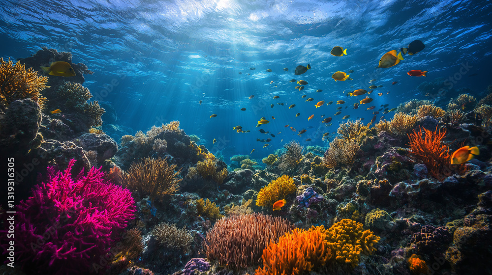 Fototapeta premium A coral reef bursting with colorful marine life in a soft glow