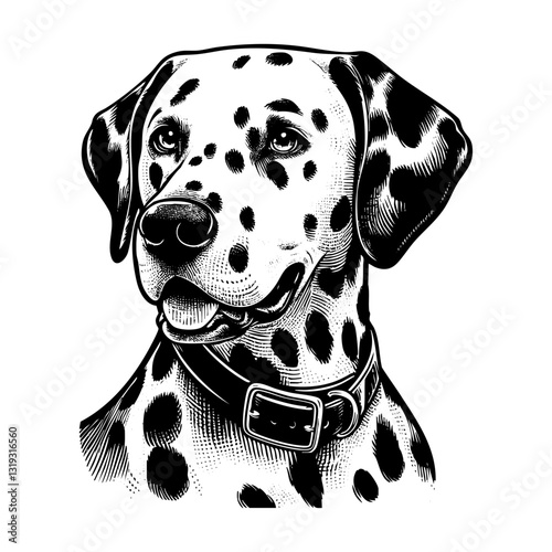 Dalmatian dog stacked sketch engraving black and white outline. Scratch board imitation.  illustrated in vintage line art style on a white background.