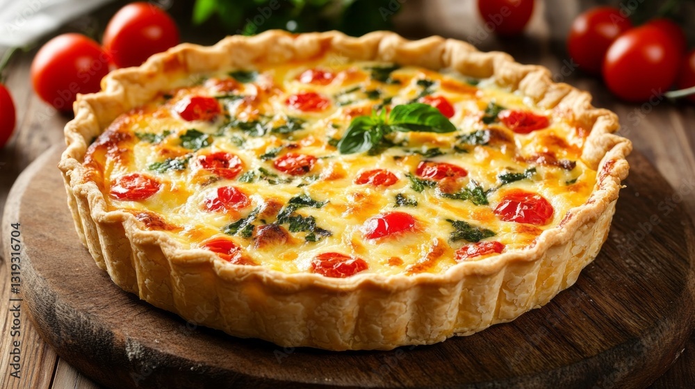 A vibrant quiche resting on a wooden board showcases juicy cherry tomatoes and fresh spinach nestled in a flaky crust. Ideal for enjoying during a sunny afternoon with friends A vibrant quiche resting on a wooden board showcases juicy cherry tomatoes and fresh spinach nestled in a flaky crust. Ideal for enjoying during a sunny afternoon with friends
