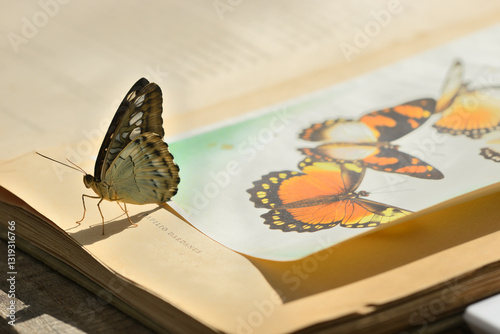 Live butterfly sitting on an antique book