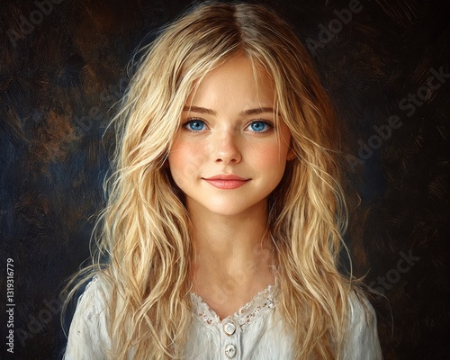 Retrato de una niña con cabello rubio y ojos azules, en un fondo oscuro que resalta su inocencia y belleza.