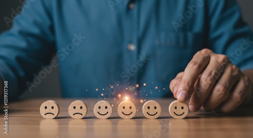 Achieving Ultimate Customer Satisfaction, A Hand Carefully Selects A Happy Face Among Wooden Emotion Icons, Glowing With Positive Energy And Warm Light