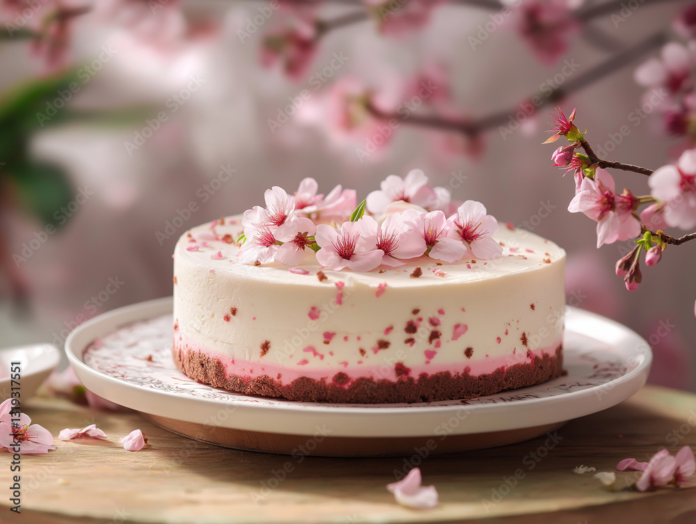 Cheesecake with strawberries crumble, on top with Sakura. Beautiful bakery. Cheesecake with strawberries crumble, on top with Sakura. Beautiful bakery.