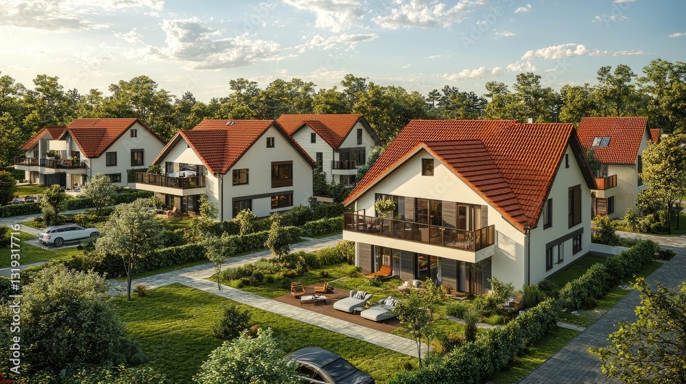Modern residential neighborhood with green spaces and vibrant homes Modern residential neighborhood with green spaces and vibrant homes