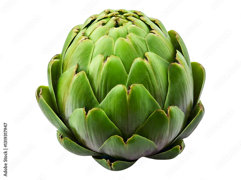 Fototapeta premium A vibrant, close-up shot of a single artichoke against a pure white background.