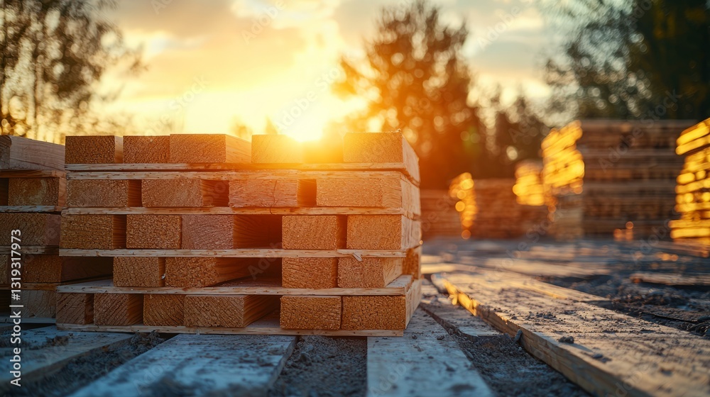 Fototapeta premium Wooden Pallets Stacked in Industrial Yard at Sunset Glow