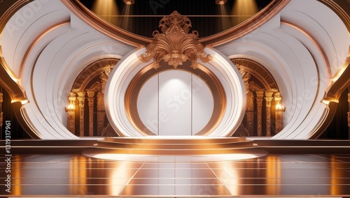 White golden ceremony award stage venue background.