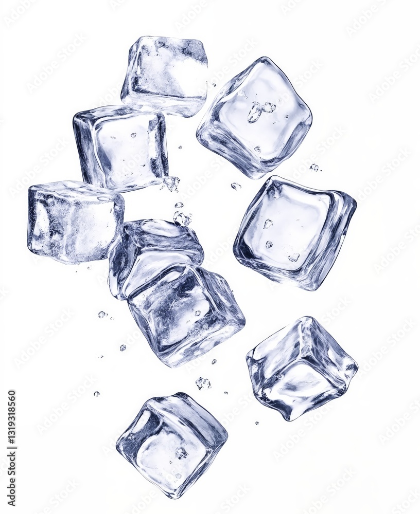 Obraz premium Cubos de hielo cayendo, generando burbujas y salpicaduras en un fondo blanco.