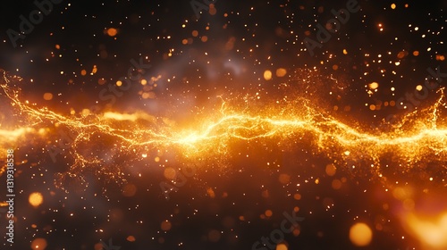 A Fiery Cosmic River Of Golden Energy Flows Through The Dark, A Vibrant Spectacle Of Light And Particles In Motion
