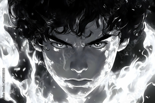 Monochromatic portrait of a young man's intense gaze, engulfed in ethereal flames, conveying power and mystery