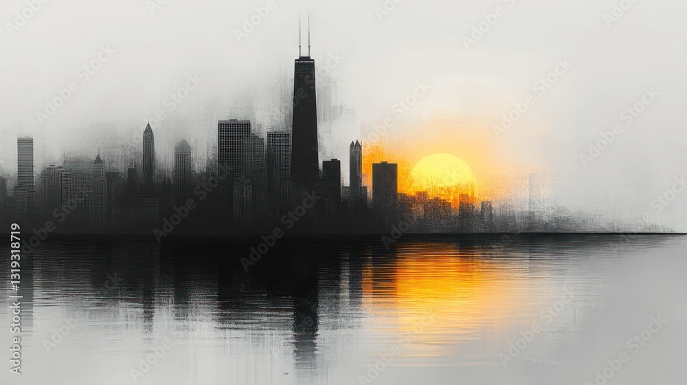 Fototapeta premium Silhouetted city skyline at sunrise