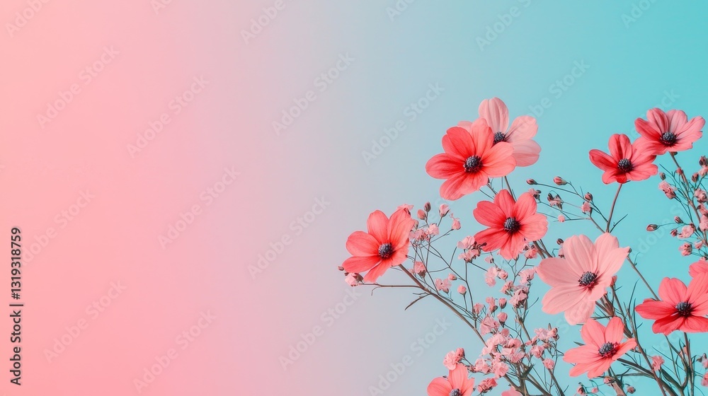 Obraz premium A vibrant arrangement of pink flowers against a soft gradient background, creating a serene and artistic atmosphere.