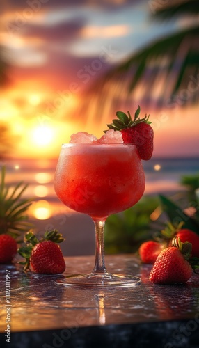 frozen strawberry margarita daquiri blended cocktail in a glass at a bar on the beach