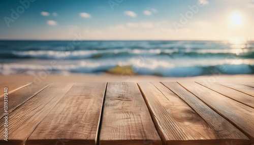 Empty old wooden table background surface with blurred sea view background. Empty table mockup for products	