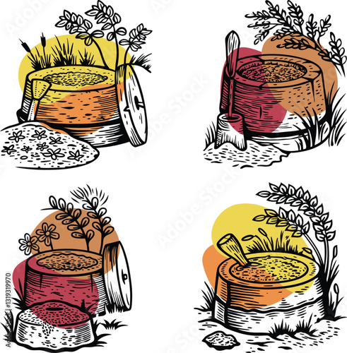 set of Millstone sketch hand mill is an ancient stone vector, engraving sketch ink poster black illustration etching style tattoo, color blobs logo mill stone, millstone, color blobs, line art