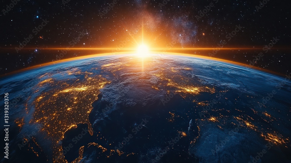 Obraz premium Earth sunrise from space, city lights