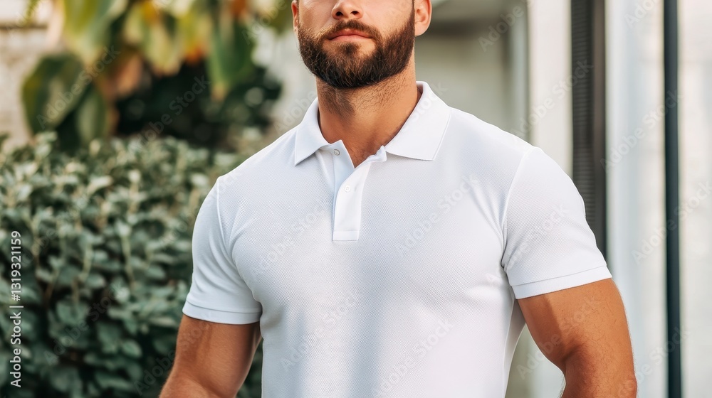 Man in white polo shirt, casual yet polished appearance, confident posture, suitable for corporate or lifestyle contexts, vibrant background Man in white polo shirt, casual yet polished appearance, confident posture, suitable for corporate or lifestyle contexts, vibrant background