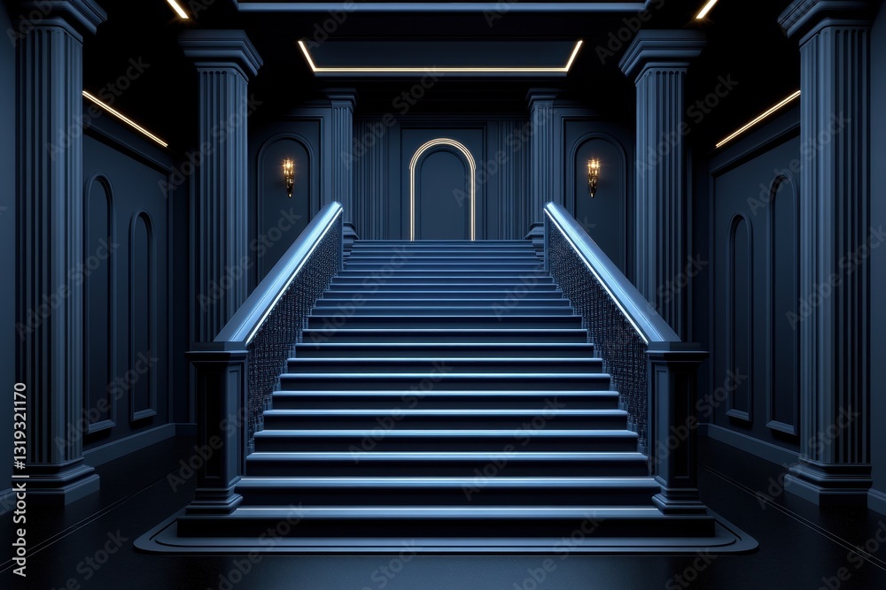 Obraz premium Dark Blue Grand Staircase With Neon Lighting In Modern Palace Interior Design Hallway Entrance