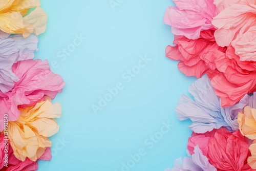 A vibrant arrangement of colorful paper flowers borders a plain blue background, creating a cheerful and decorative frame.