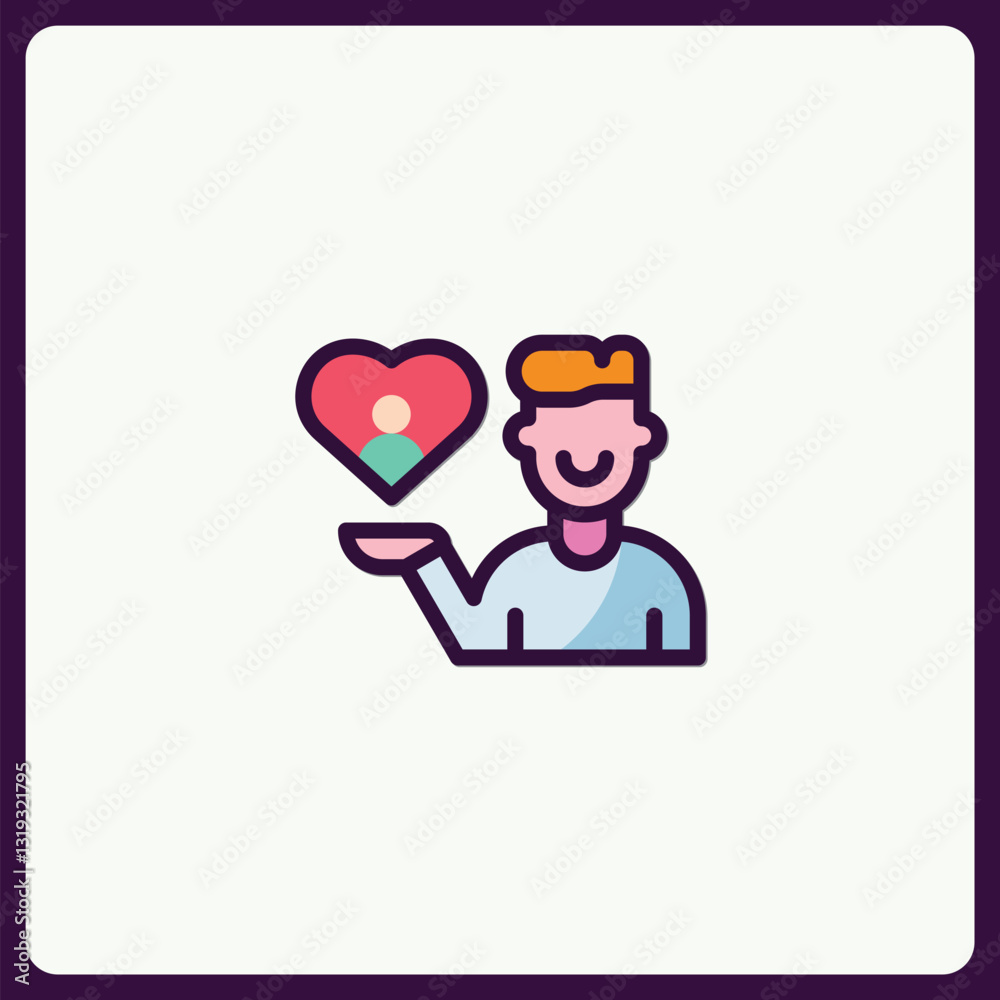 Man holding a heart with a person inside, creative love concept icon Man holding a heart with a person inside, creative love concept icon