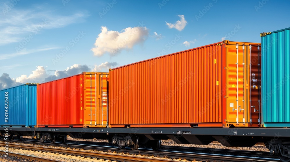 Obraz premium Colorful Cargo Containers on a Train Under a Bright Sky