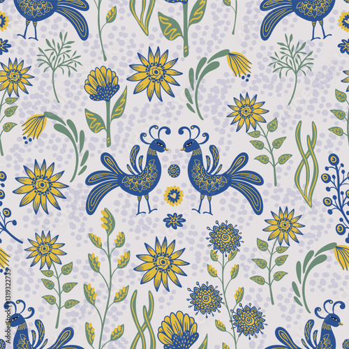 Folk seamless pattern design with ethnic ornamental birds and flowers