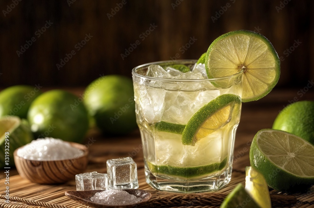generative AI The image shows a glass filled with a lime-based drink, garnished with lime wedges and mint leaves, with a copper jigger and a bowl of limes in the background. Ice cubes are scattered ar generative AI The image shows a glass filled with a lime-based drink, garnished with lime wedges and mint leaves, with a copper jigger and a bowl of limes in the background. Ice cubes are scattered ar