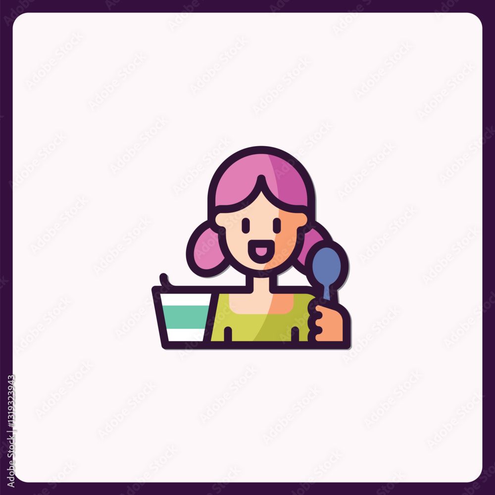 Illustration showing a girl with pink hair enjoying a meal icon design Illustration showing a girl with pink hair enjoying a meal icon design