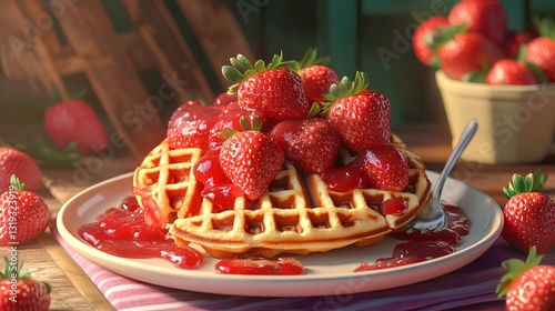 Light and fluffy Belgian waffles, topped with juicy strawberries and sweet jam. A summer tastebud delight 