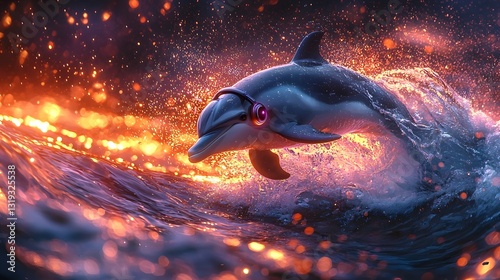 Fototapeta Naklejka Na Ścianę i Meble -  Playful Dolphin Leaping from Glowing Waves with Waterproof Headphones