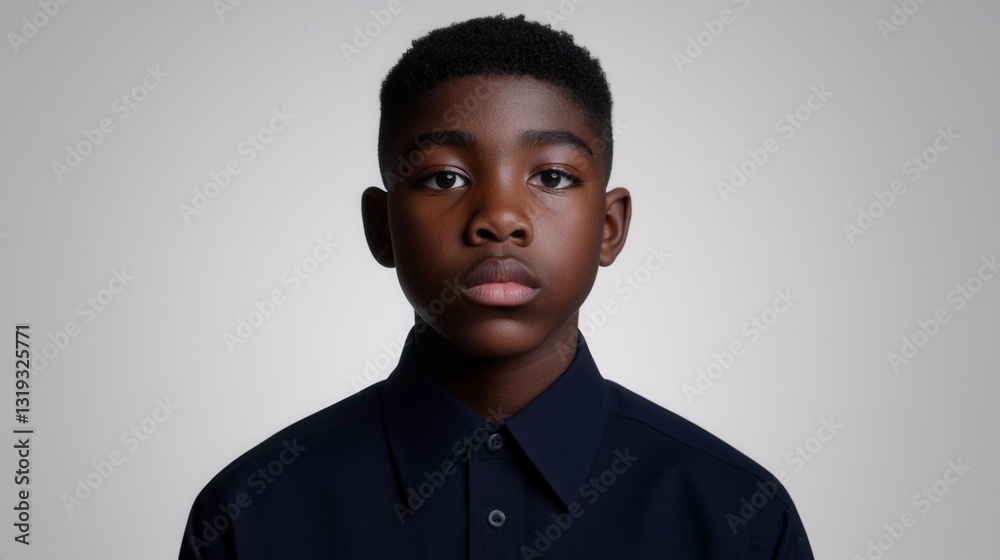 Obraz premium Portrait of a Young Black Boy in a Dark Blue Shirt Against a Gray Background