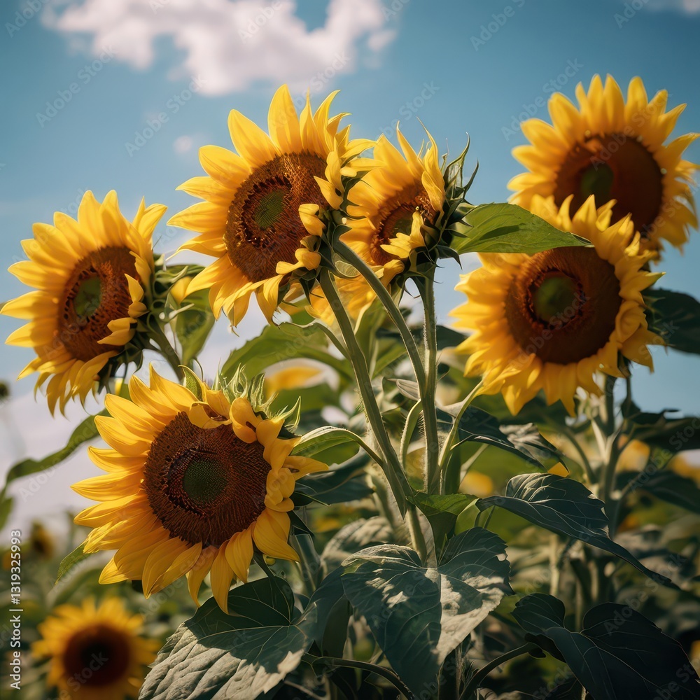 Fototapeta premium A close-up of sunflowers under the sunlight, bringing joy and warmth. 