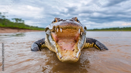 fierce alligator in water with open mouth