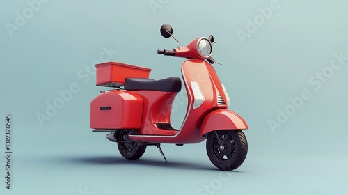 A Vibrant Red Retro Scooter, Ready For A Breezy City Adventure Against A Serene Light Blue Backdrop