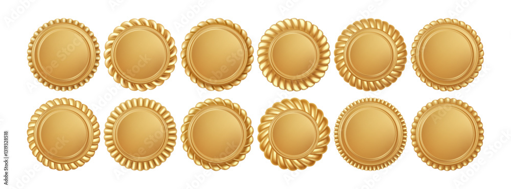 Set of Realistic Golden Badges with Decorative Edging on White Background Vector Illustration Set of Realistic Golden Badges with Decorative Edging on White Background Vector Illustration