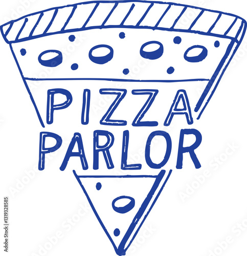 Pizza parlor logo featuring slice of pizza with toppings and playful design