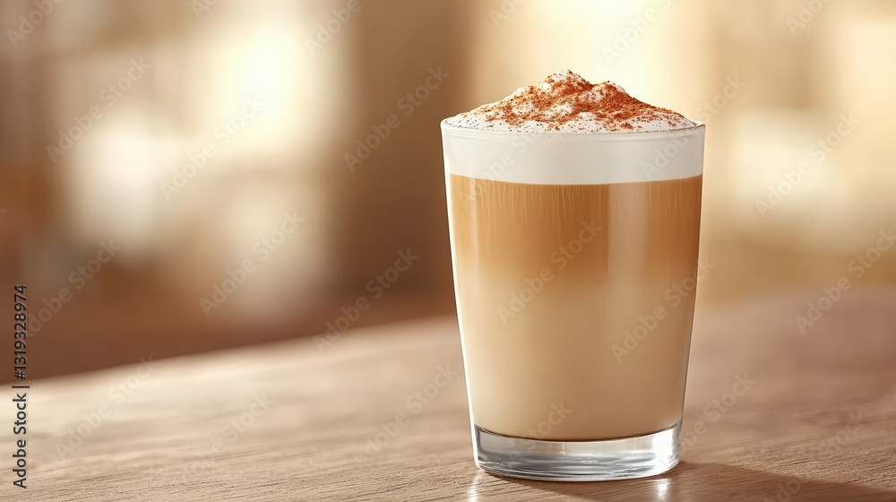 Glass of luxurious coffee topped with a sprinkle of cinnamon on table captured in close-up for cozy aesthetic Glass of luxurious coffee topped with a sprinkle of cinnamon on table captured in close-up for cozy aesthetic