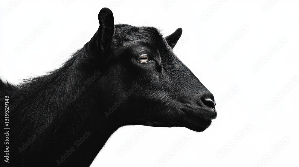 Fototapeta premium Black Goat Profile Against White Background. Stock Photo