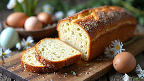 Freshly Baked Bread Loaf with Slices on Wooden Board with Eggs
